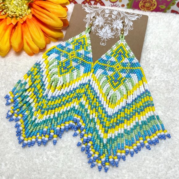 Hand Beaded Long Fringe Earrings Huge Southwest Tribal Ethnic Native Indian NWT - Picture 1 of 6